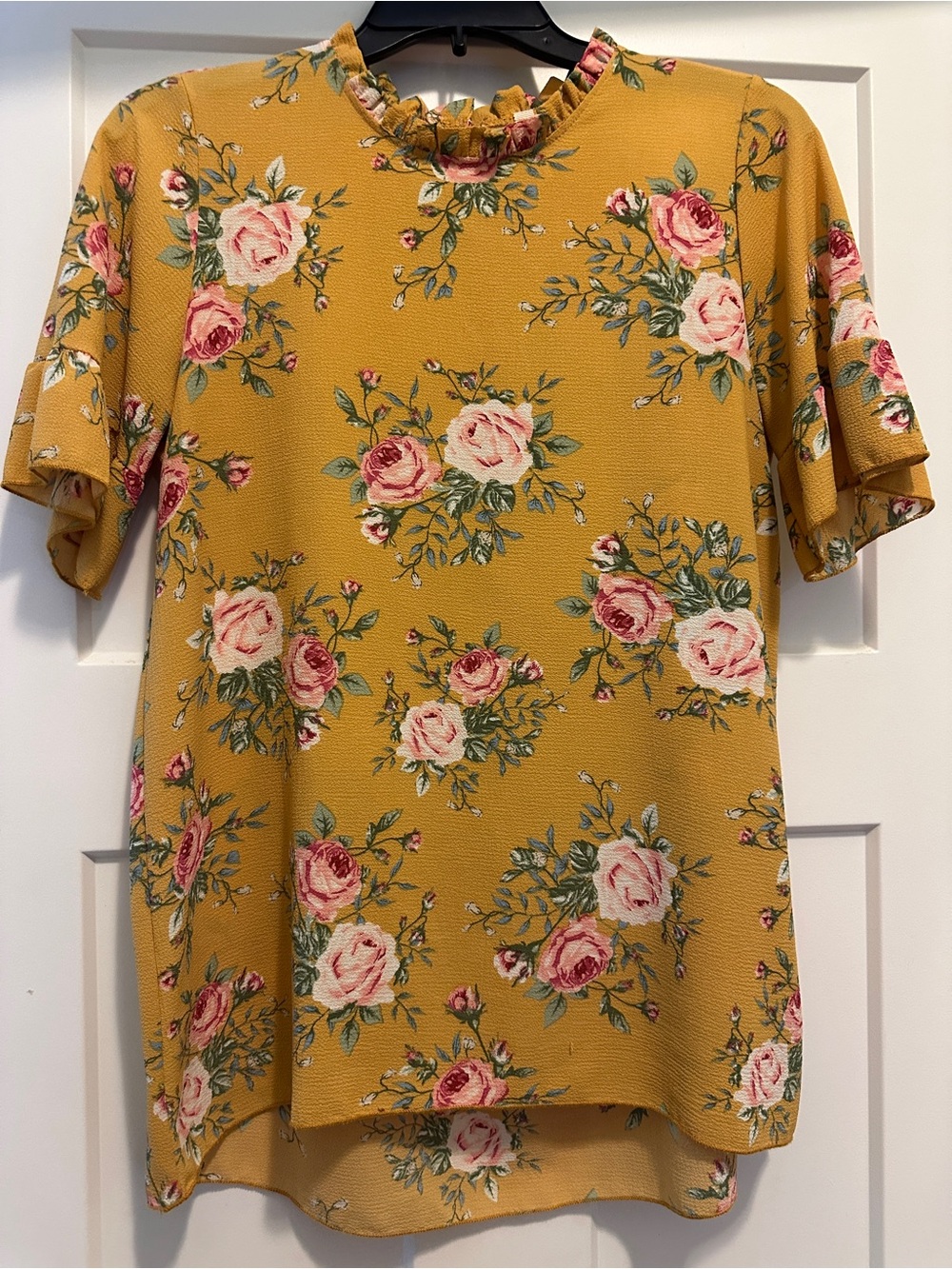 orange creek Mustard Floral Ruffle-Neck Short Sleeve Blouse